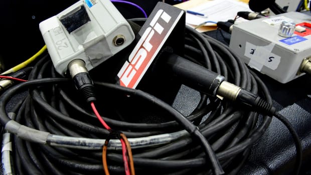 Mar 2, 2017; Boulder, CO, USA; General view of an ESPN broadcast microphone before the game between the Stanford Cardinal against the Colorado Buffaloes at the Coors Events Center.